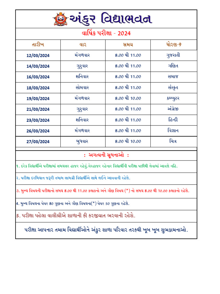 STD 9 Finel Exam Time Table 2024 | PDF