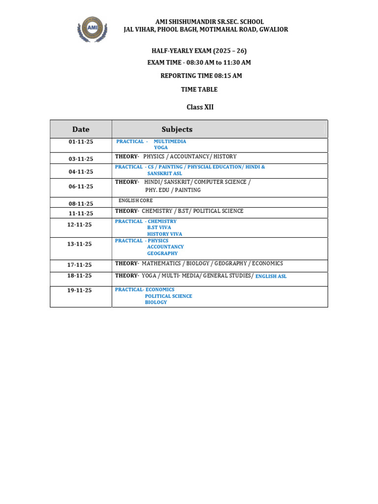 Half Yearly Exam Class 12 2025-26 Time Table | PDF