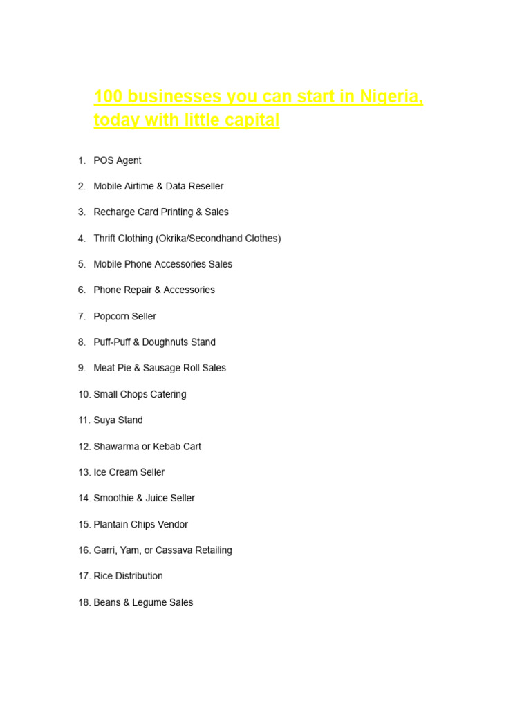 List of 100 Businesses You Can Start in Nigeria With Little Capital ...