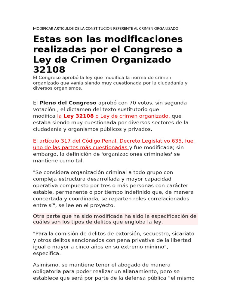 Modificaciones a la Ley de Crimen Organizado | PDF | Ministerio ...