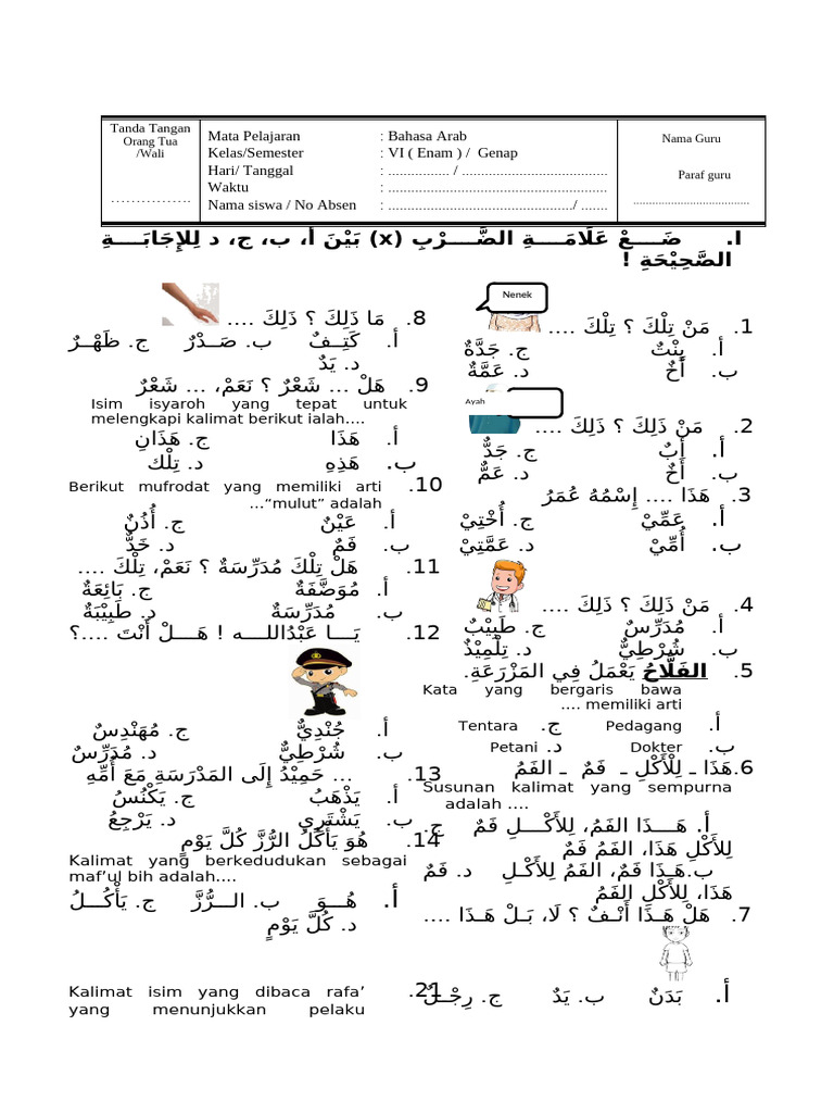 Soal Bahasa Arab Kelas VI Genap | PDF