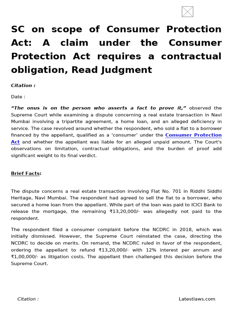SC On Scope of Consumer Protection Act - A Claim Under The Consumer ...