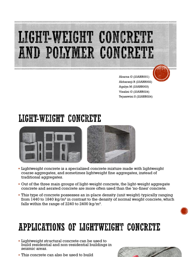 Lightweight and Polymer Concrete Overview | PDF | Concrete | Polymers