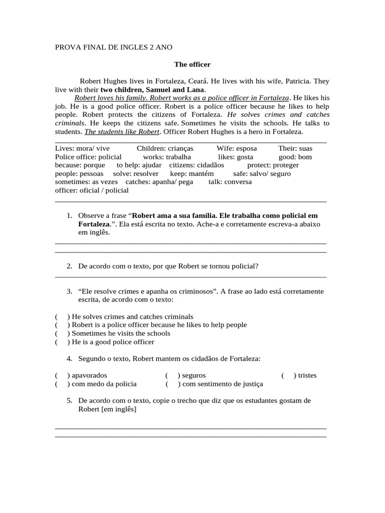 Prova Final de Inglês - 2º Ano | PDF | Harry Potter