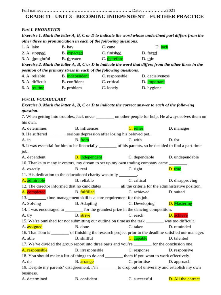 Grade 11 Phonetics and Vocabulary Practice | PDF