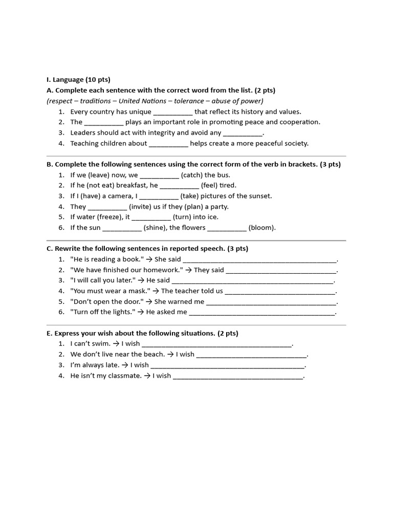 Language Exercises for Sentence Completion | PDF
