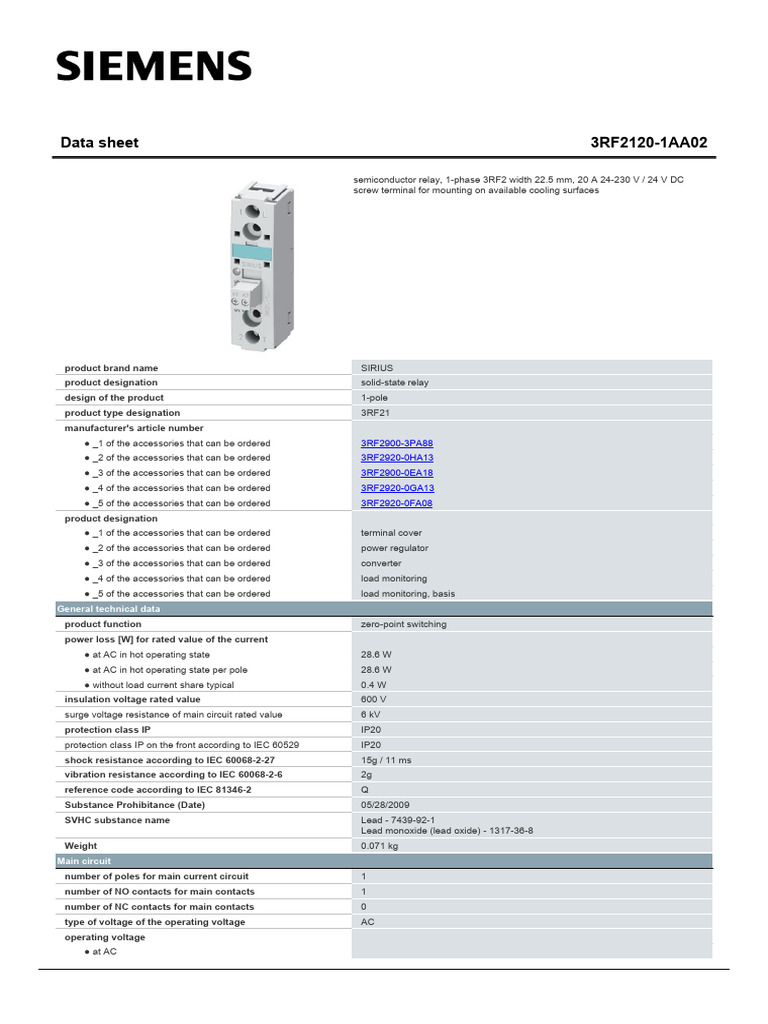 Siemens 3RF2120-1AA02 Relay Data Sheet | PDF | Alternating Current ...