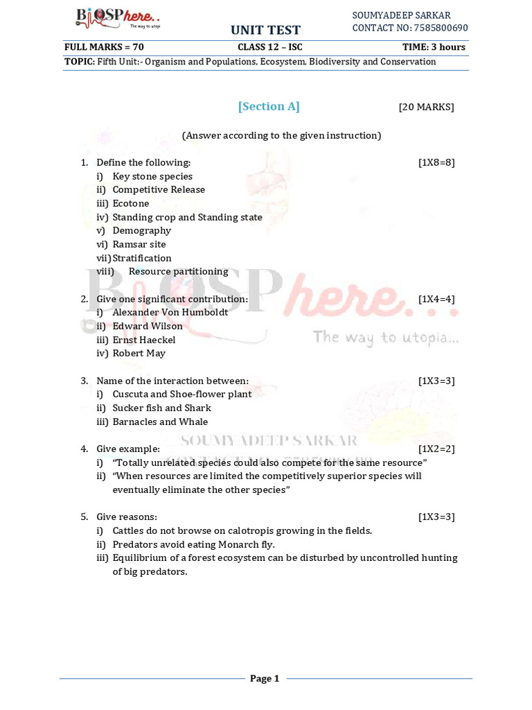 ISC Tenth Unit Full Test | PDF | Biodiversity | Ecosystem