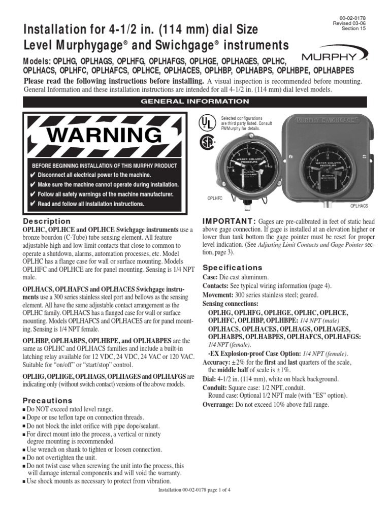 Installation Instructions 4.5" Murphy LevelGauge Switch