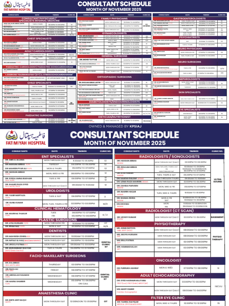 November 2025 Consultant Schedule | PDF | Medicine | Health Care