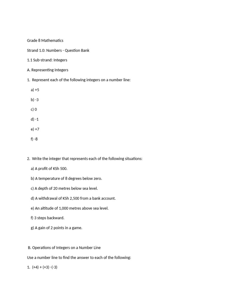 Grade 8 Math Question Bank: Integers & Fractions | PDF | Ratio | Area