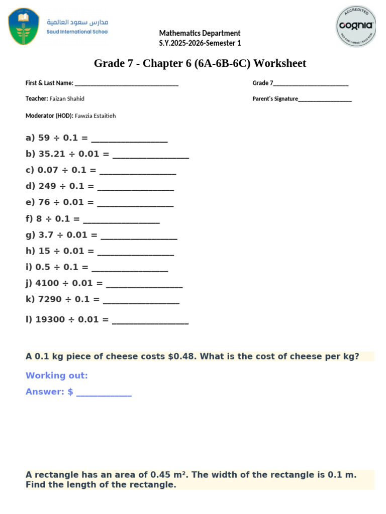 G7 Chap 6 WorkSheet 1 | PDF