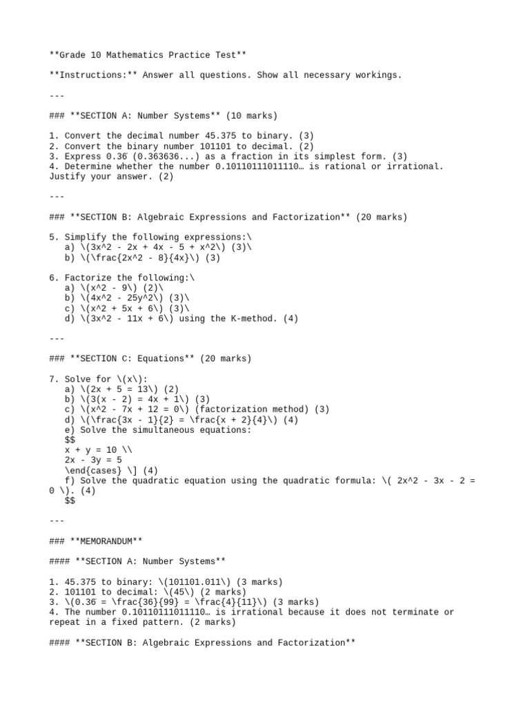 Grade 10 Math Practice Test Guide | PDF