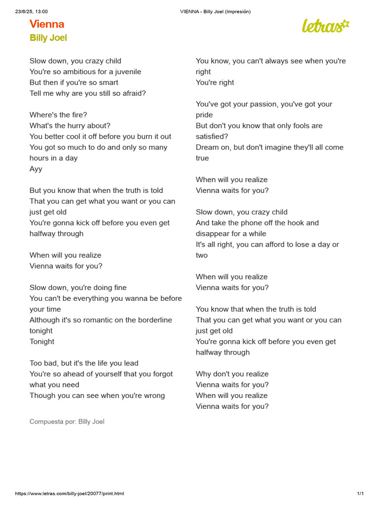 Vienna Lyrics by Billy Joel | PDF