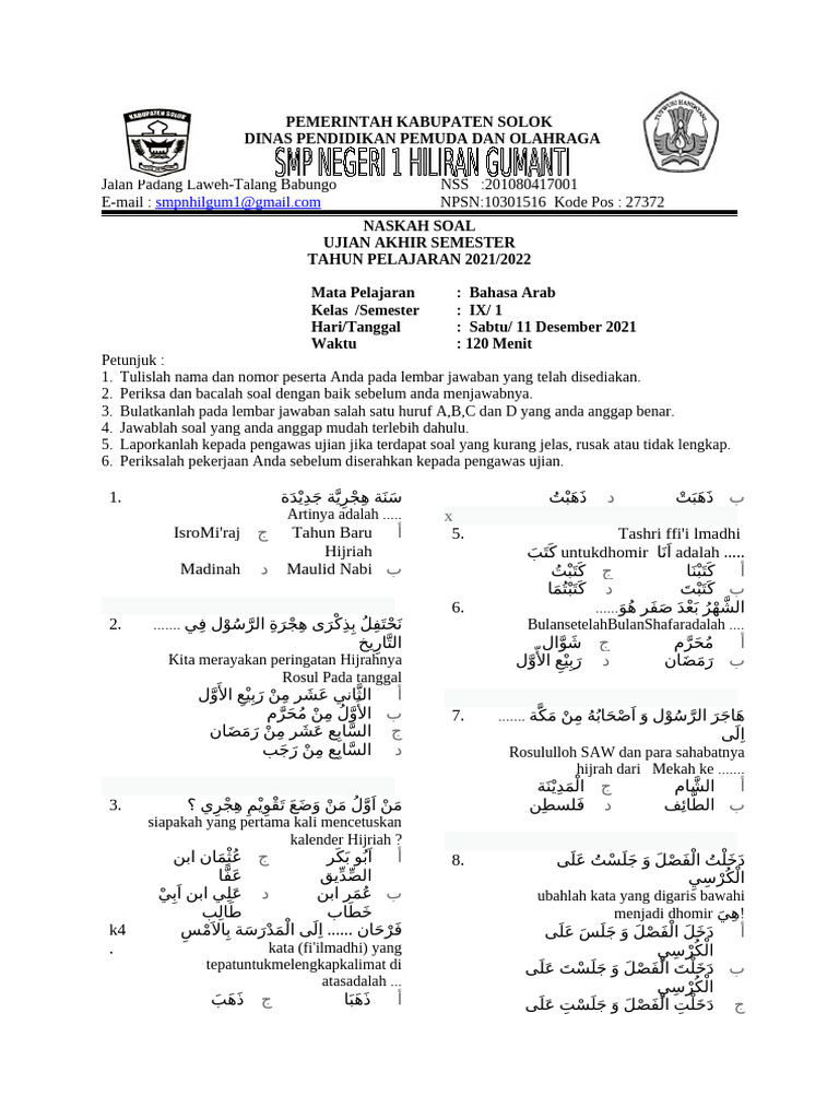 Soal UAS Bahasa Arab Kelas IX | PDF