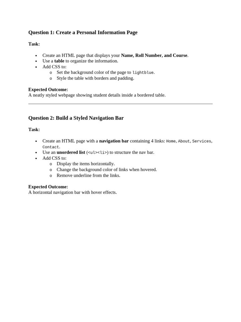 HTML and CSS: Personal Info & Nav Bar | PDF