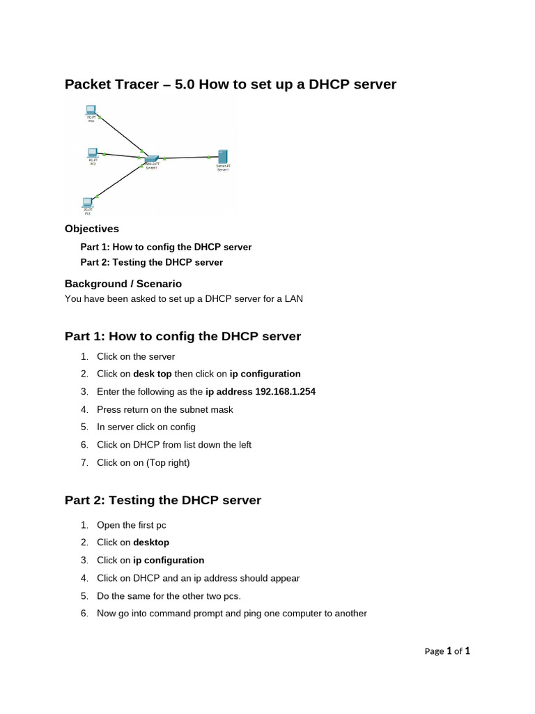 Setting Up a DHCP Server in Packet Tracer | PDF