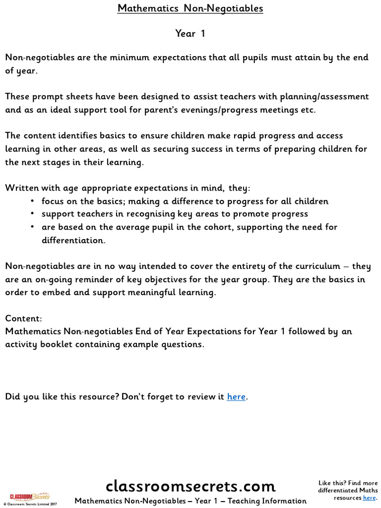 Year 1 Mathematics Non-Negotiables Guide | PDF | Multiplication ...