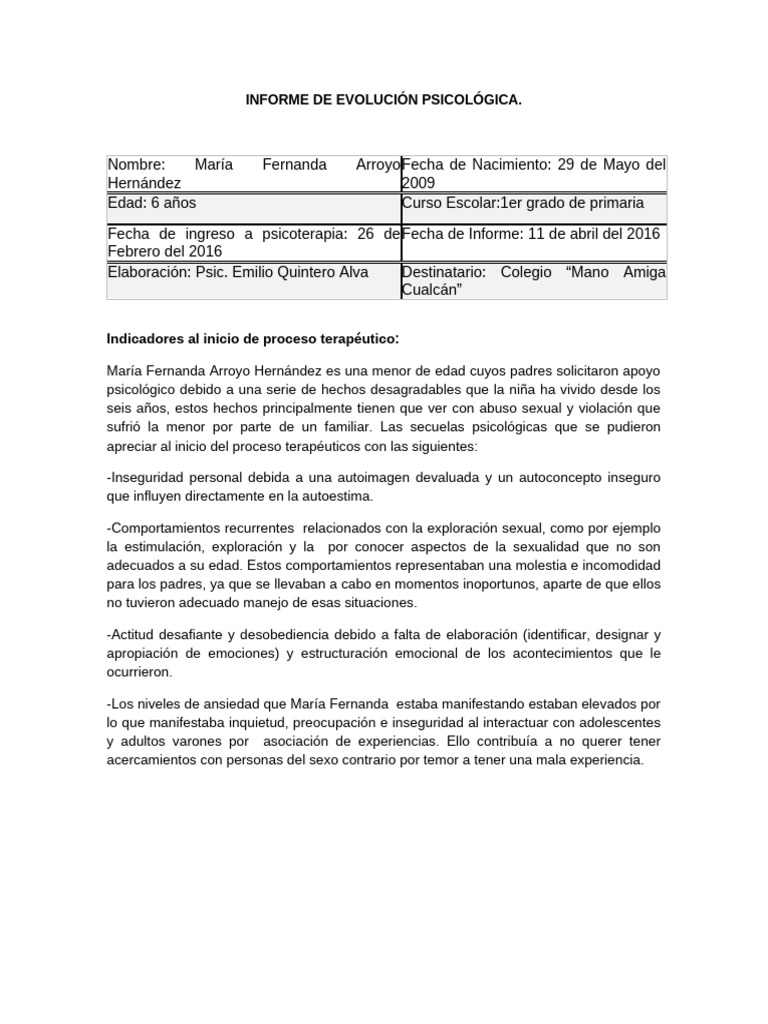 Informe de Evolución Psicológica Infantil | PDF | Las emociones | Ansiedad