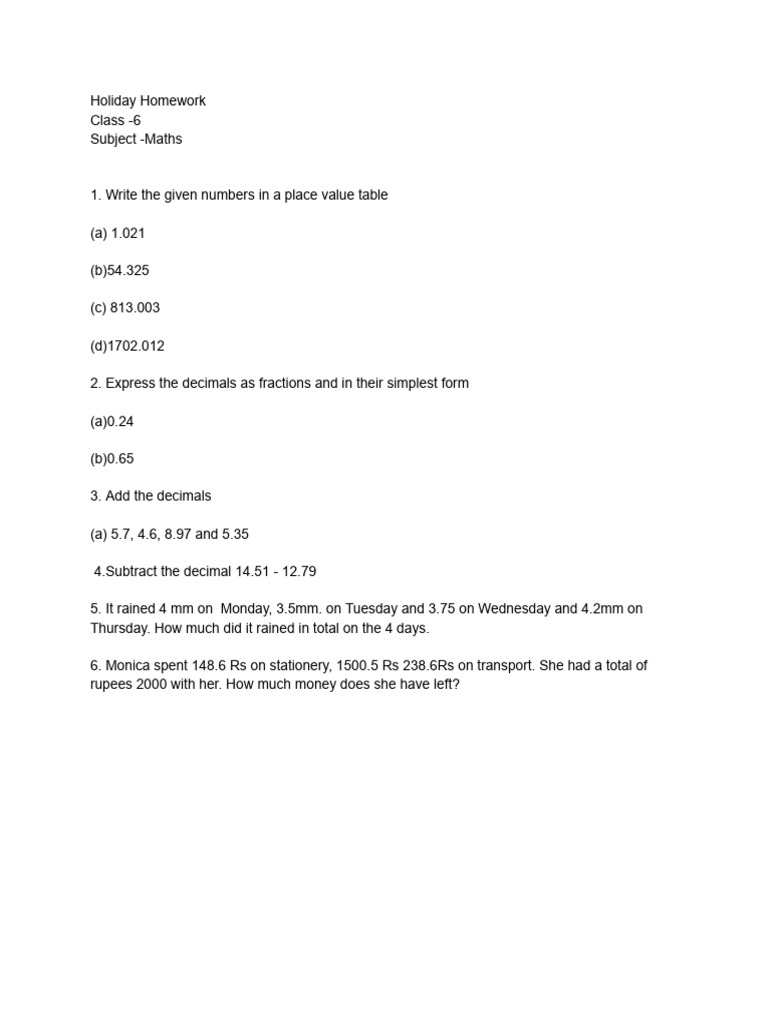 Holiday Homework of Class Six Maths | PDF