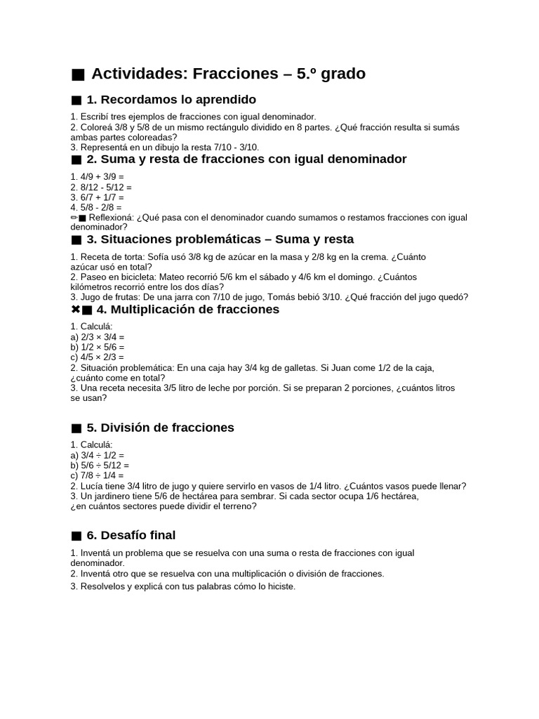 Actividades de Fracciones 5.º Grado | PDF