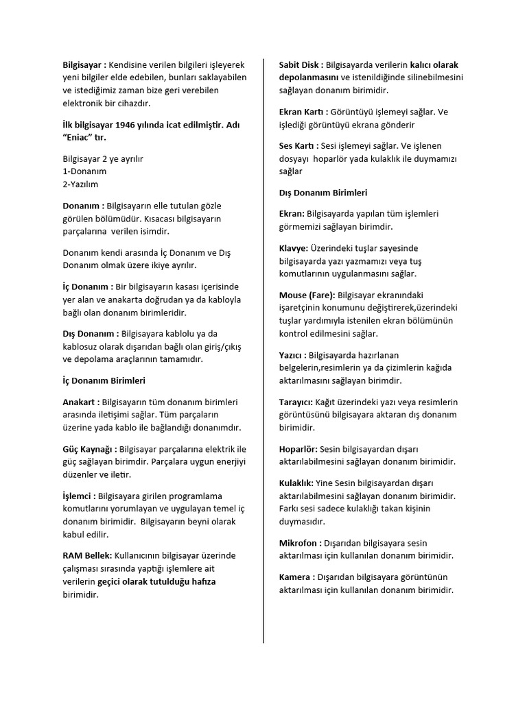 Bilişim Tenolojileri Ve Yazılım DErsi Notları | PDF