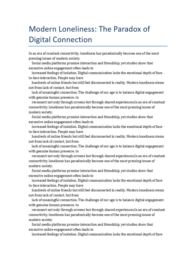 Modern Loneliness The Paradox of Digital Connection | PDF | Loneliness ...