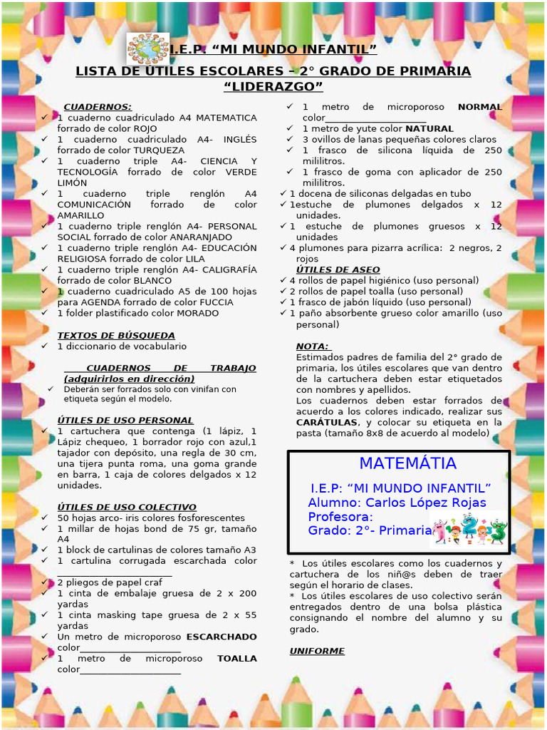 Lista de útiles 2° grado primaria 2023 | PDF | Cuaderno | Color