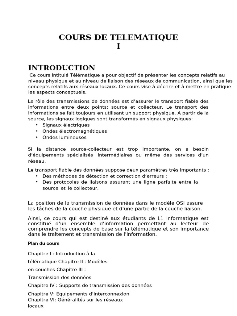 Introduction à la Télématique et Réseaux | PDF | Fibre optique | Modèle OSI