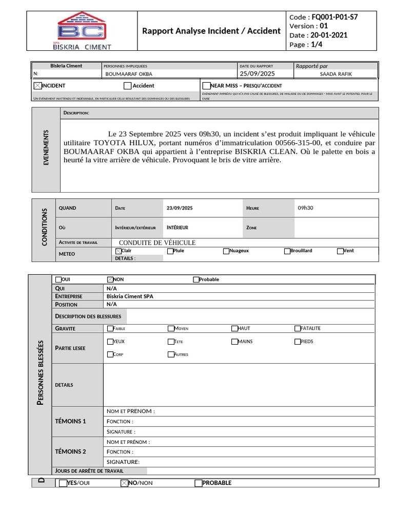 Rapport d'Incident: Bris de Vitre Véhicule | PDF