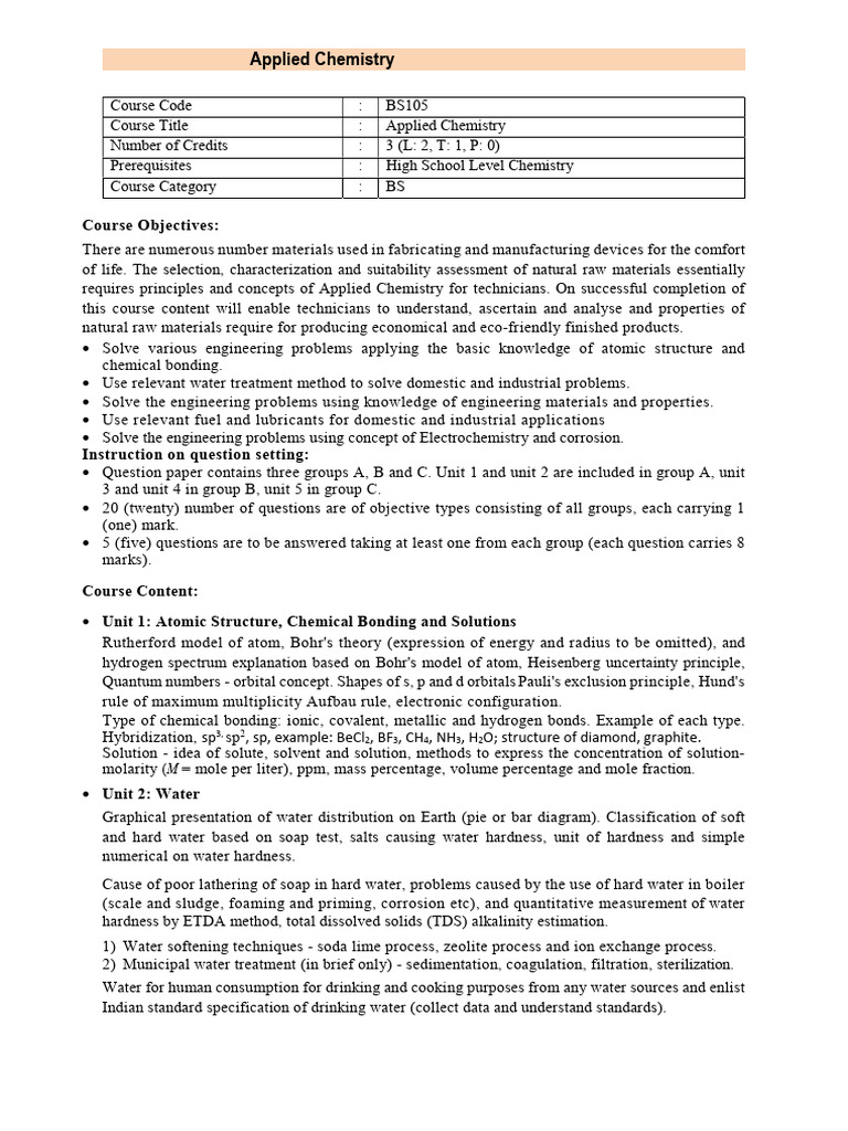 Applied Chemistry Course Overview | PDF | Chemistry | Electrochemistry