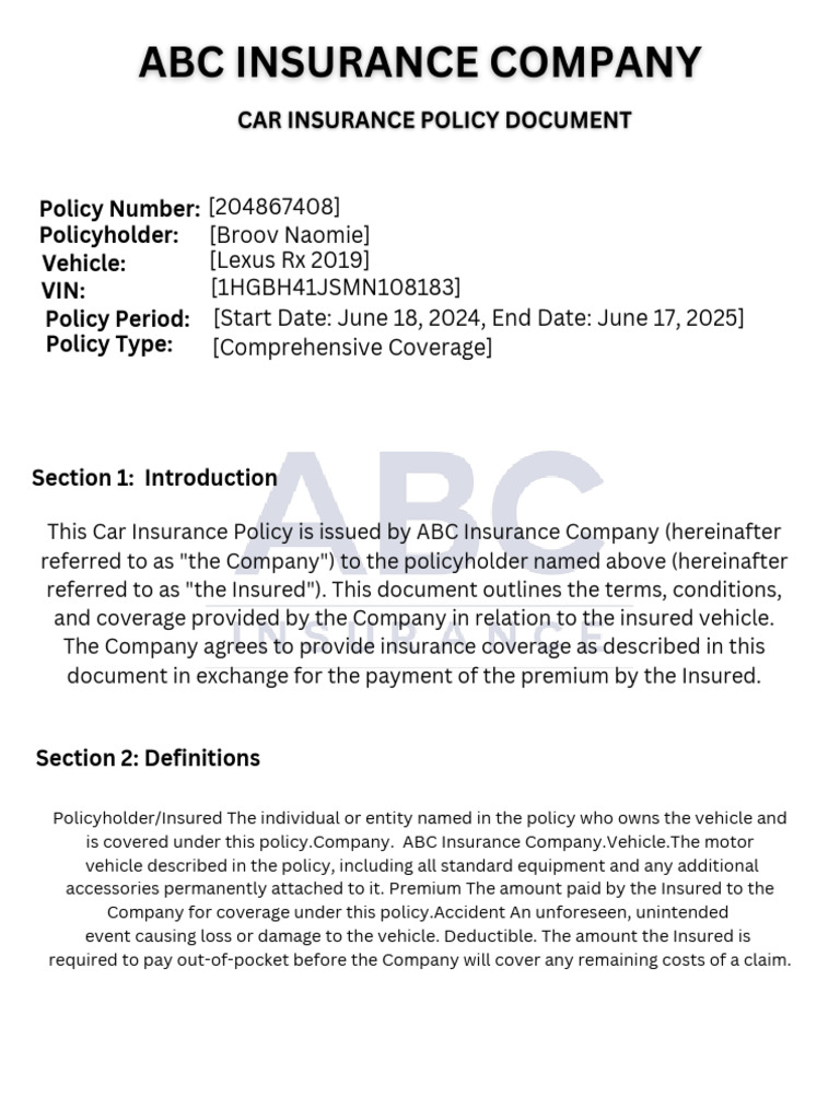 Comprehensive Car Insurance Policy Details | PDF | Insurance ...