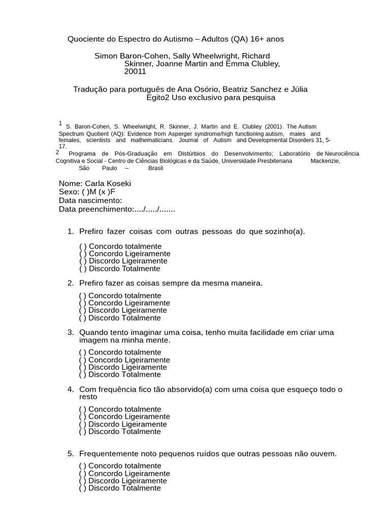 AQ50 - Quociente Do Espectro Do Autismo | PDF