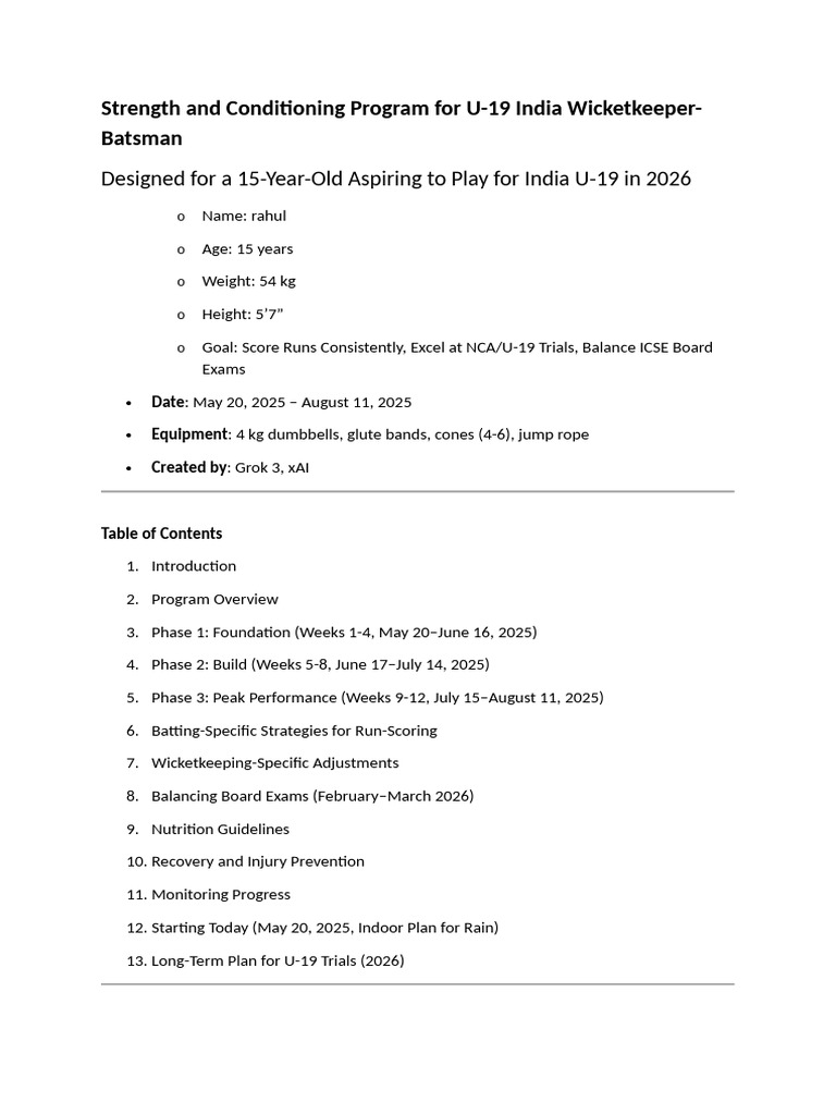 Strength and Conditioning Program For U | PDF | Cricket | Athletic Sports