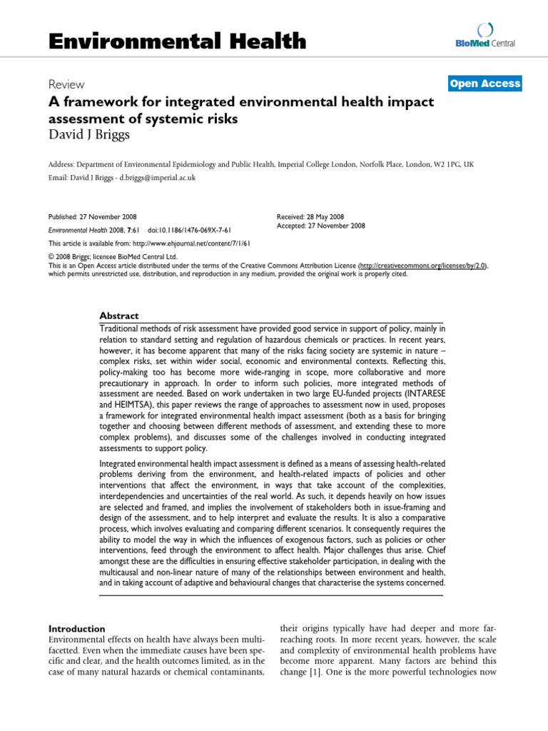 Integrated Framework for Environmental Health Assessment | PDF | Risk ...