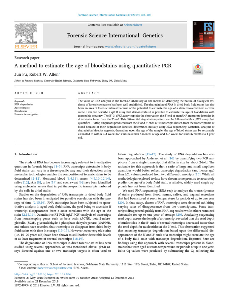 A Method To Estimate The Age of Bloodstains Using Quantitative PCR ...