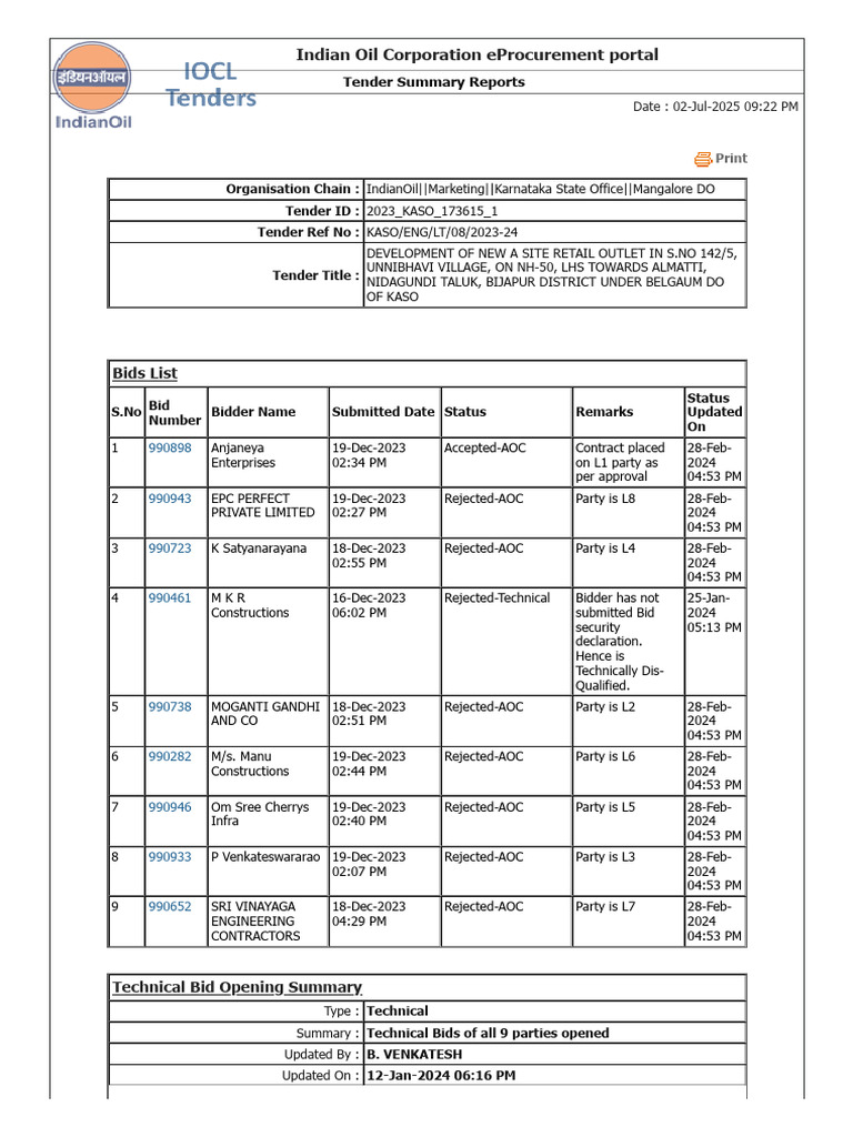 IndianOil Karnataka Tender Summary Report | PDF