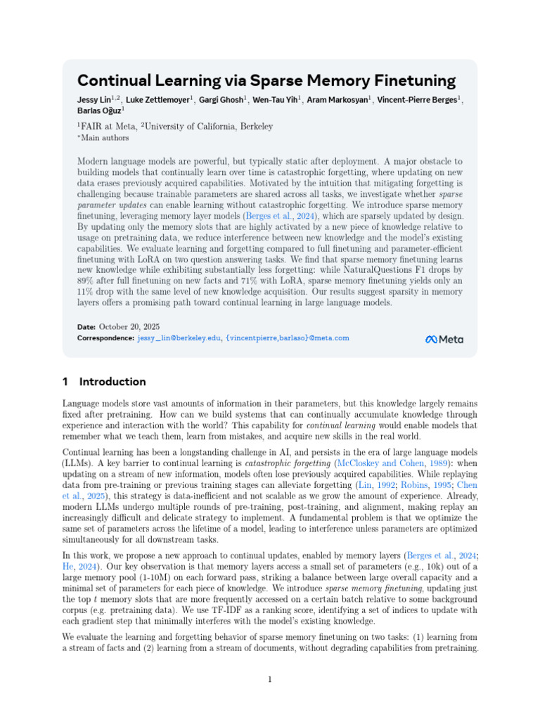 Sparse Memory Finetuning for Continual Learning | PDF | Memory | Learning