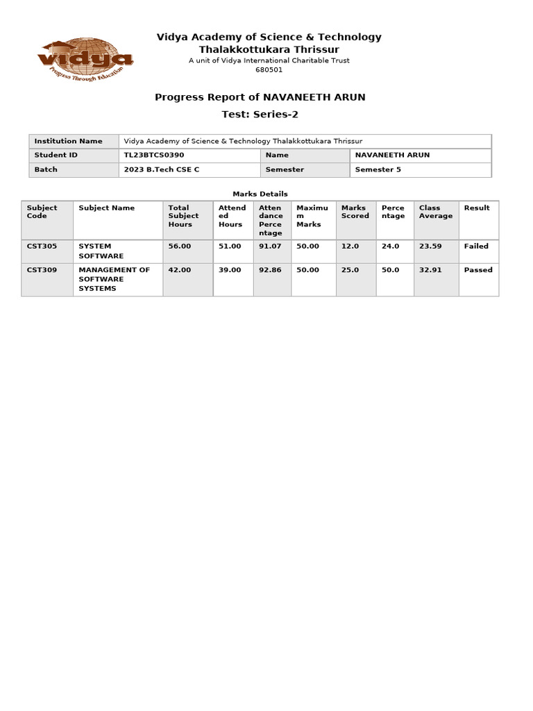 NAVANEETH ARUN Semester 5 Progress Report | PDF