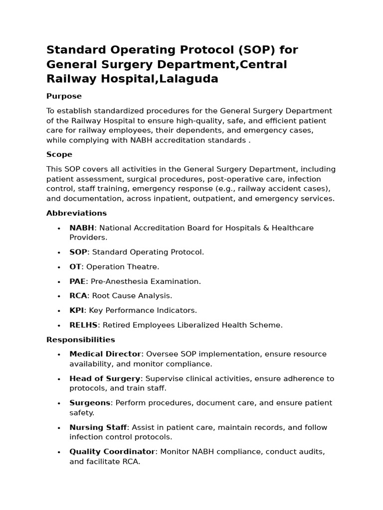SOP for General Surgery at Railway Hospital | PDF | Surgery | Hospital