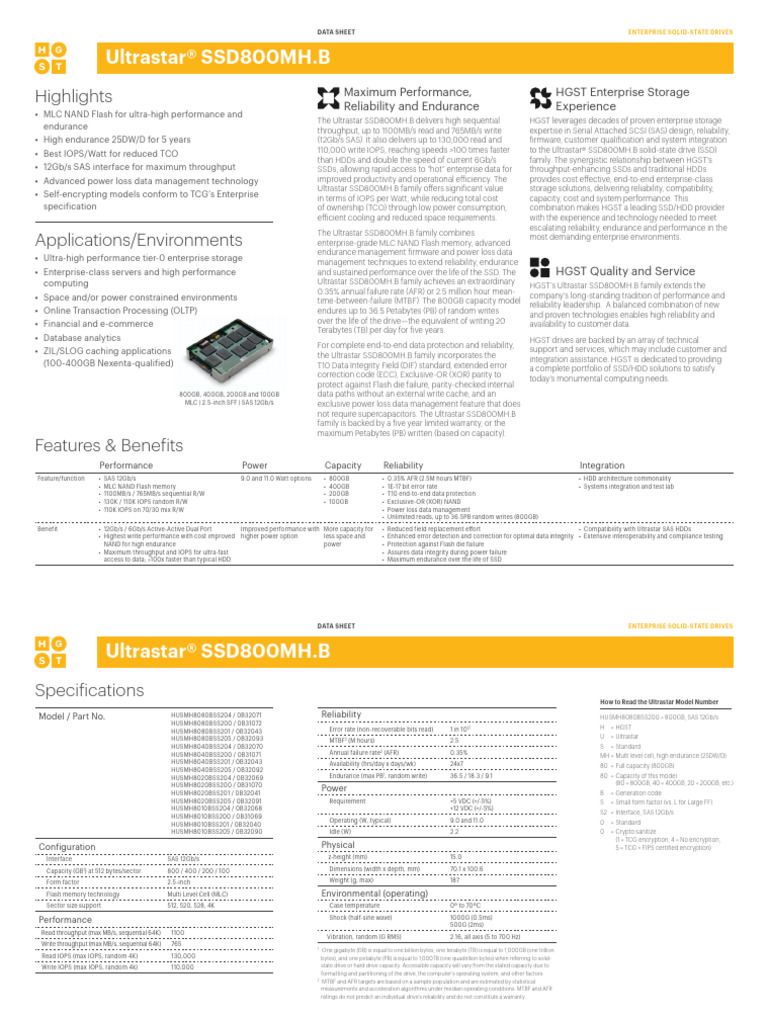 Ultrastar SSD800MH.B Data Sheet | PDF | Solid State Drive | Hard Disk Drive