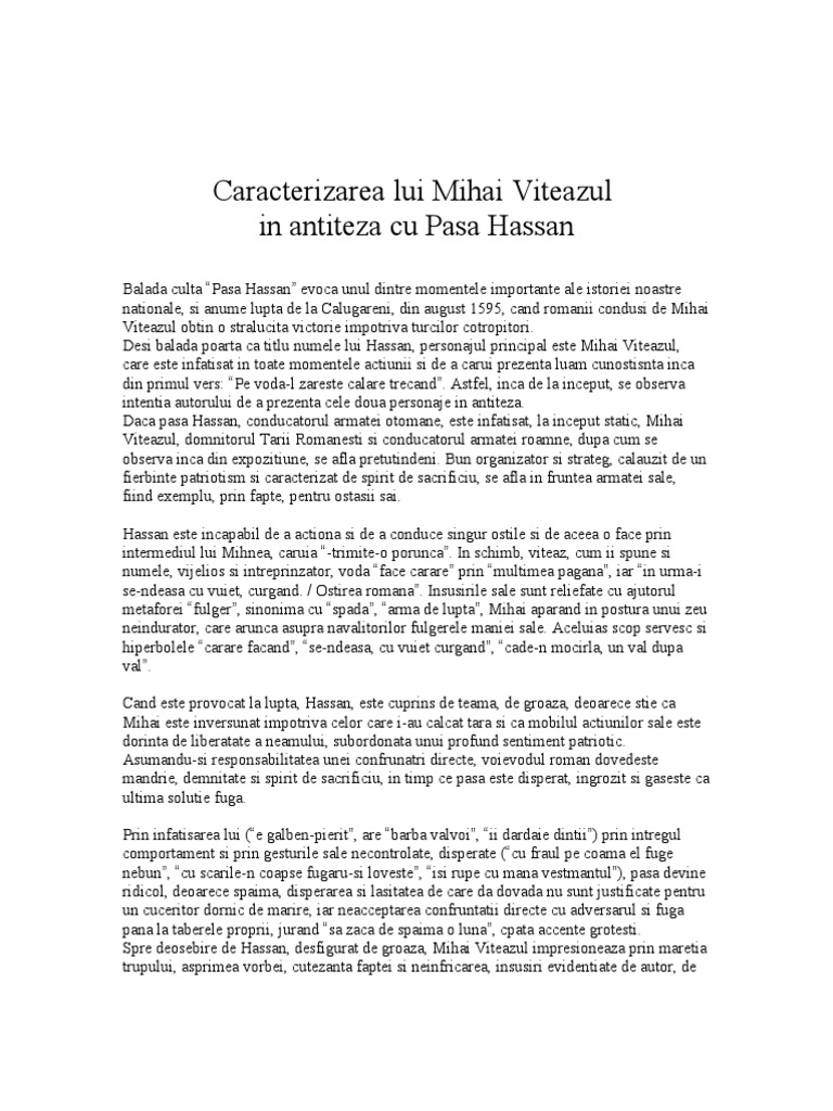 Caracterizarea Lui Mihai Viteazul In Antiteza Cu Pasa Hassan