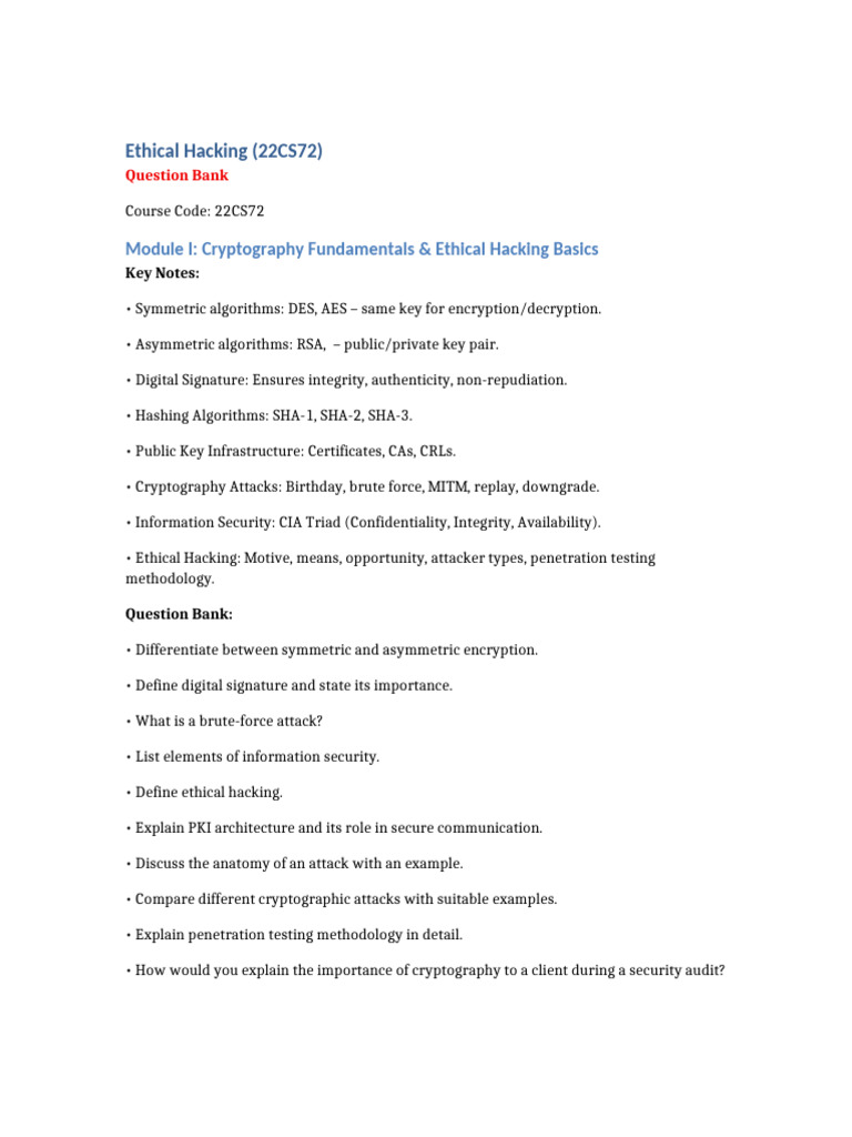 Ethical Hacking Theory Notes QuestionBank | PDF | Public Key ...