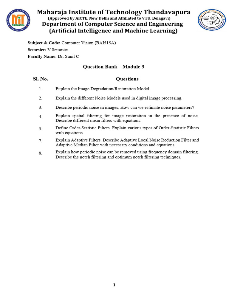 Computer Vision Question Bank - Module 3 | PDF