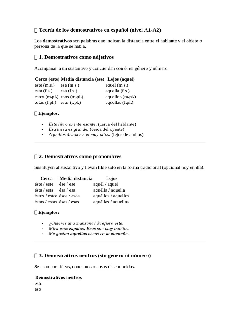 Demostrativos en español A1-A2: Guía y Ejercicios | PDF | Sintaxis ...