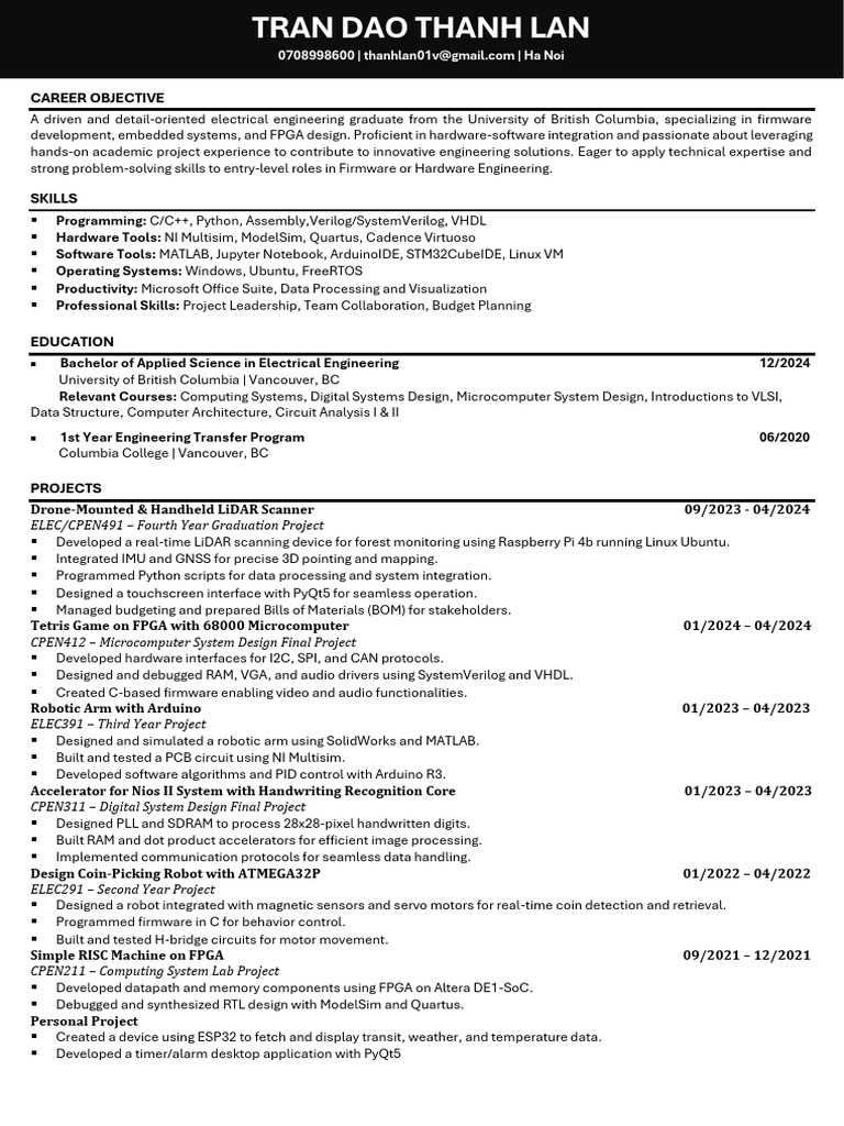Career Objective: ELEC/CPEN491 Fourth Year Graduation Project | PDF ...
