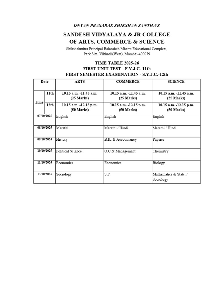 Time Table - JR College-1 | PDF