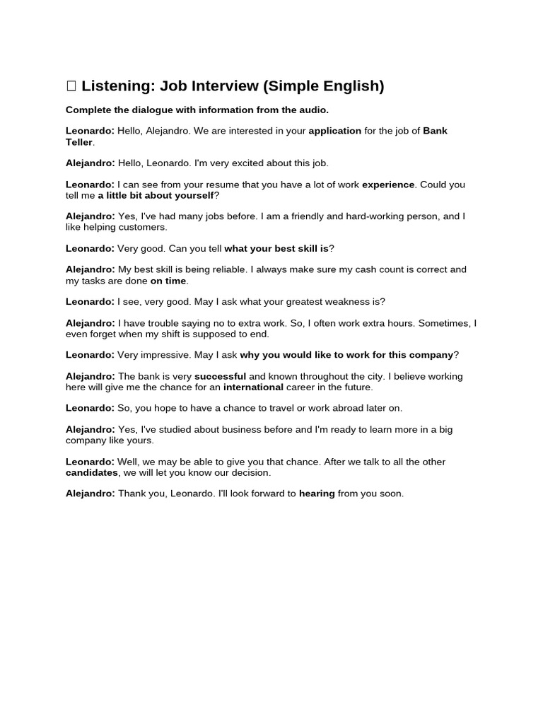 ? Listening - Job Interview (Simple English) | PDF