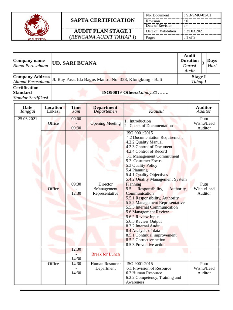 EW-SMU-01-01 Rencana Audit Tahap I | PDF | Audit | Evaluation