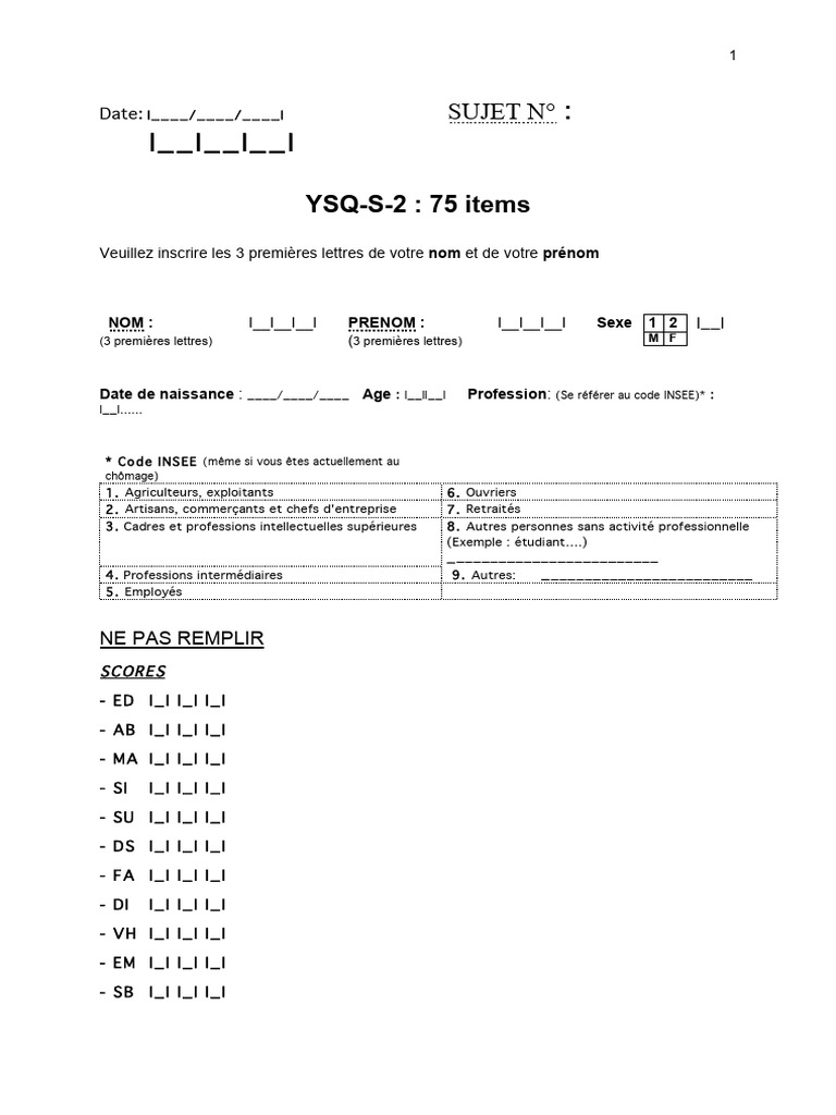 Questionnaire YSQ-S-2 : 75 Items | PDF | Échecs